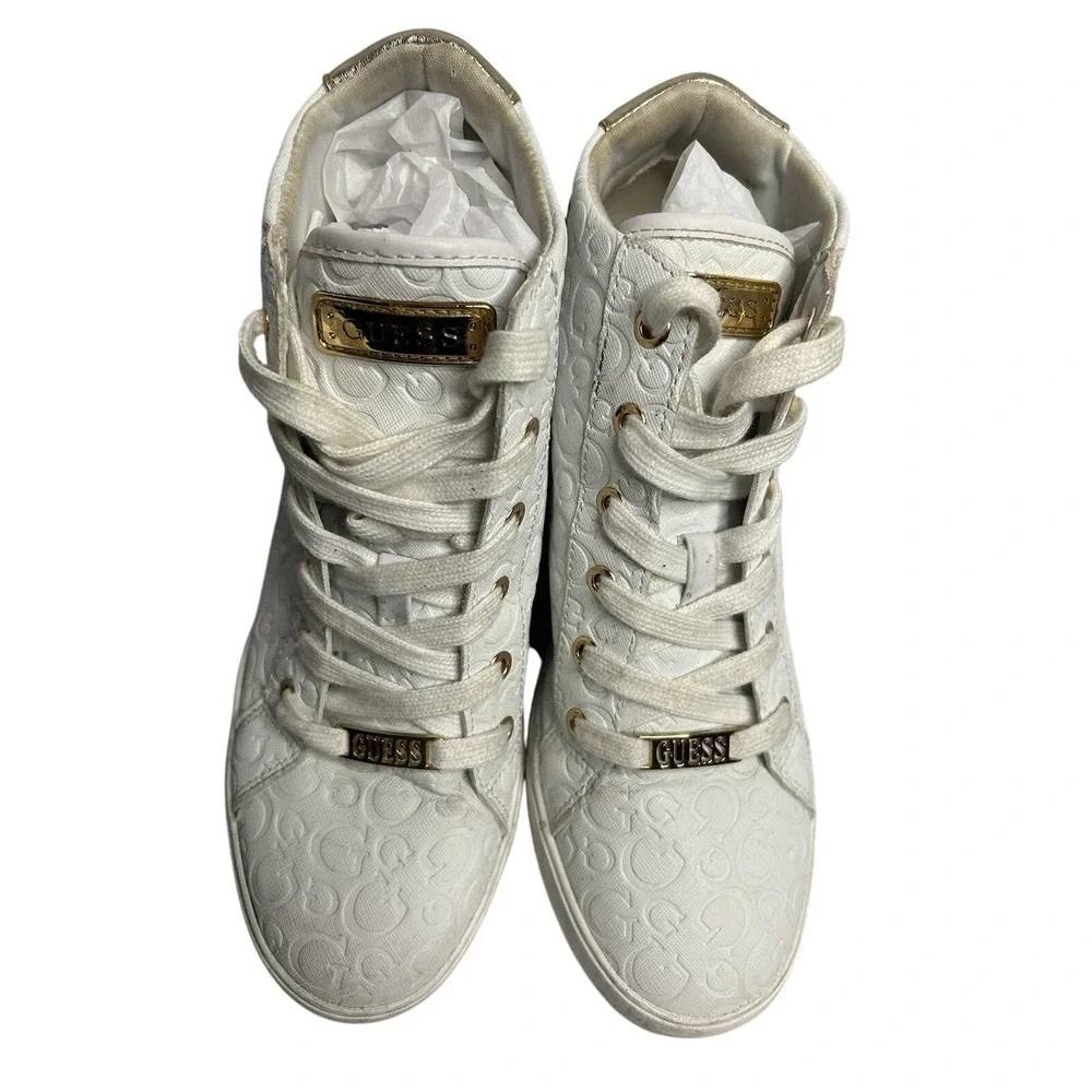 Guess Women's White Embossed Logo High Top Wedge Heel Fashion Sneakers